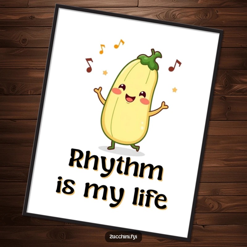 Funny poster displaying a smiling zucchini character dancing exuberantly with musical notes, capturing a moment of pure, unadulterated joy.