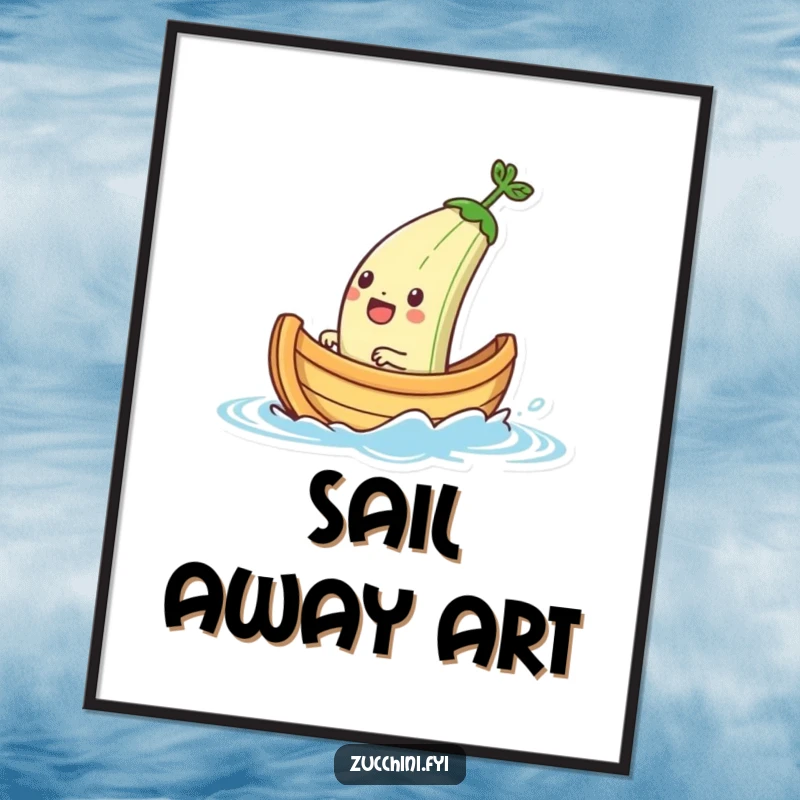 Funny poster capturing a jubilant zucchini boat character sailing on a small splash of water, a whimsical and humorous nautical artwork.