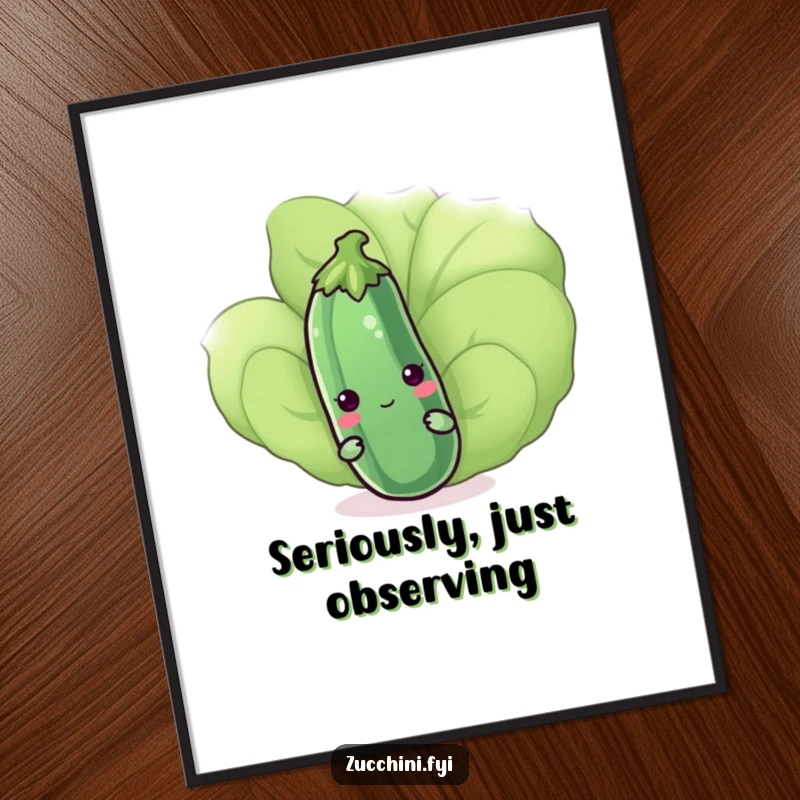 Funny kawaii zucchini peeking shyly behind a leaf, displayed as charming wall art poster, adding cute humor to any space, a gift.