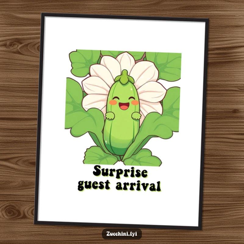 Funny Zucchini Laugh Poster depicting a laughing zucchini character peeking from behind a giant zucchini blossom.