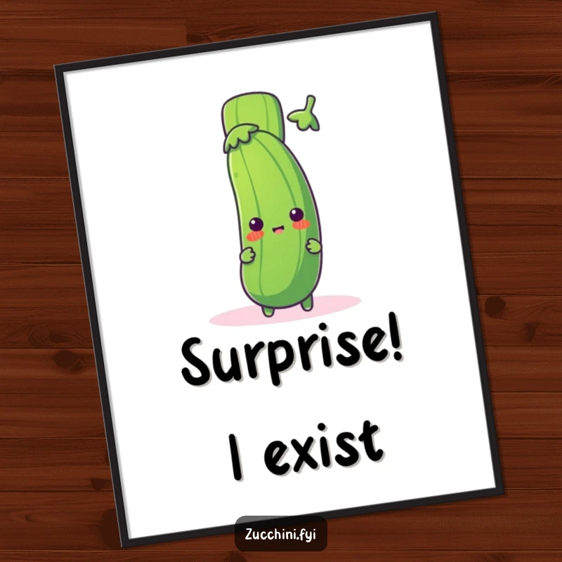 Funny zucchini poster with a cute zucchini character playfully peeking from behind a giant exclamation mark, creating humorous and surprising wall art.
