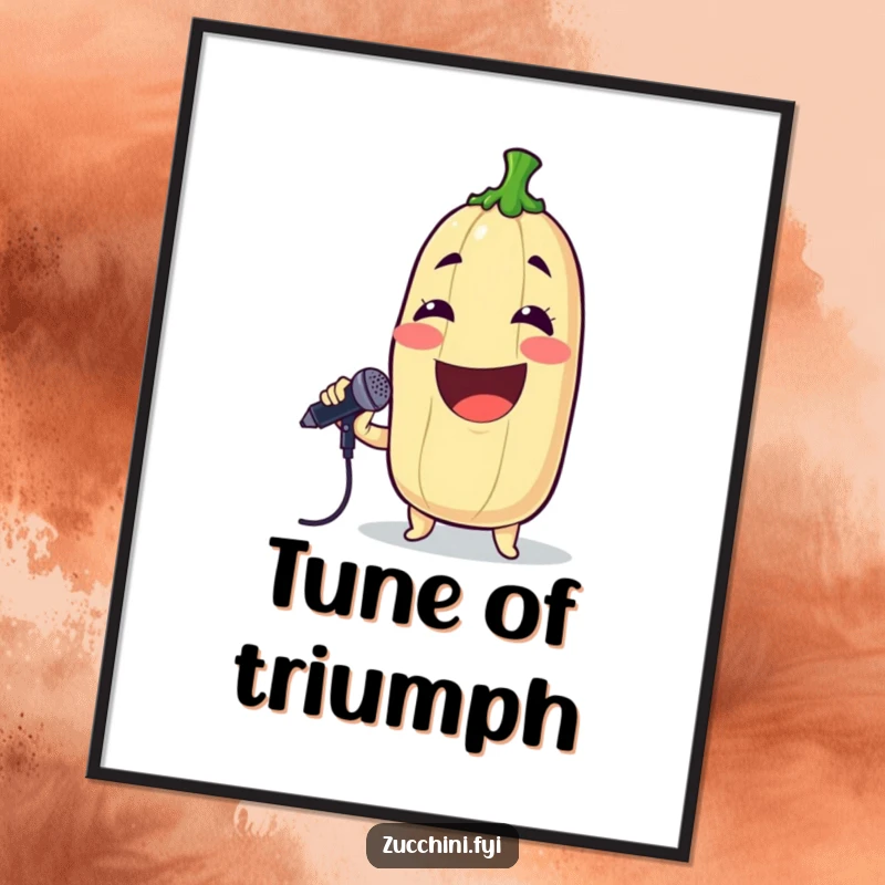 Funny poster of a grinning zucchini holding a microphone and singing, perfect for music-themed humorous decor.