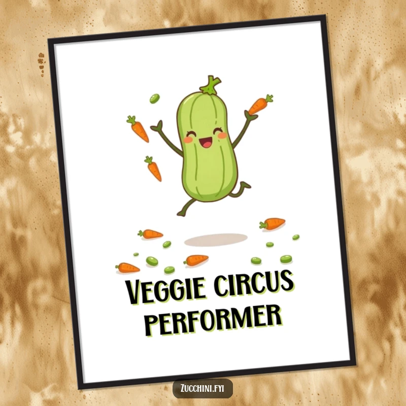 Funny zucchini with tiny legs joyfully juggling carrots and peas, a whimsical and humorous wall art.