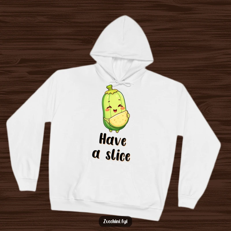 Funny hoodie featuring a winking anthropomorphic zucchini character offering a slice of itself, providing warmth and a humorous, generous statement.
