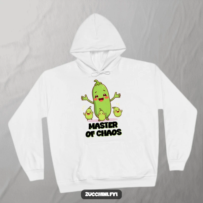 Funny hoodie showcasing a smiling zucchini character expertly juggling three small, excited zucchinis, perfect for cozy days and veggie humor.