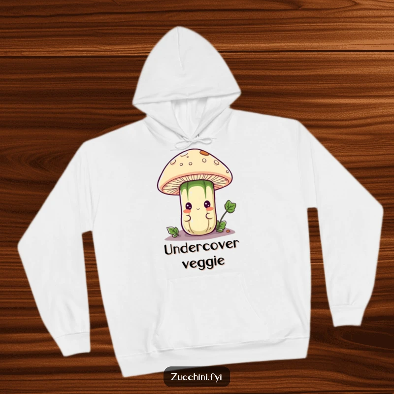Funny hoodie featuring a curious anthropomorphic zucchini character peeking from under a mushroom cap, offering warmth and a touch of whimsical forest charm.