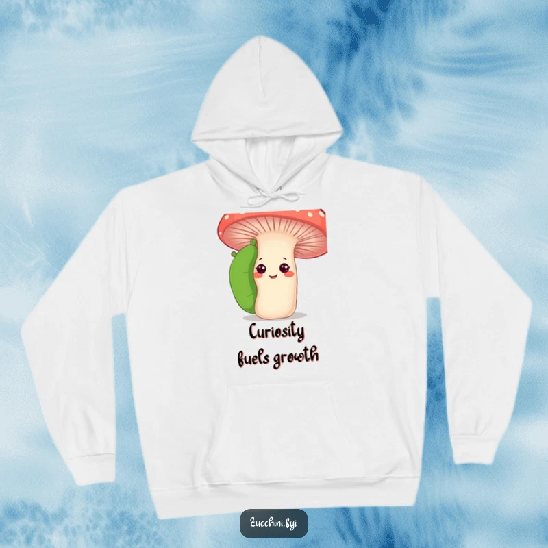 Funny curious zucchini hoodie showing a zucchini peeking from behind a giant smiling mushroom, offering warmth and humorous garden exploration.