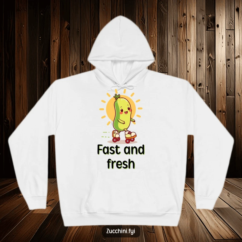 Soft hoodie featuring a funny zucchini on roller skates zipping by a cartoon sun, perfect for cool weather.