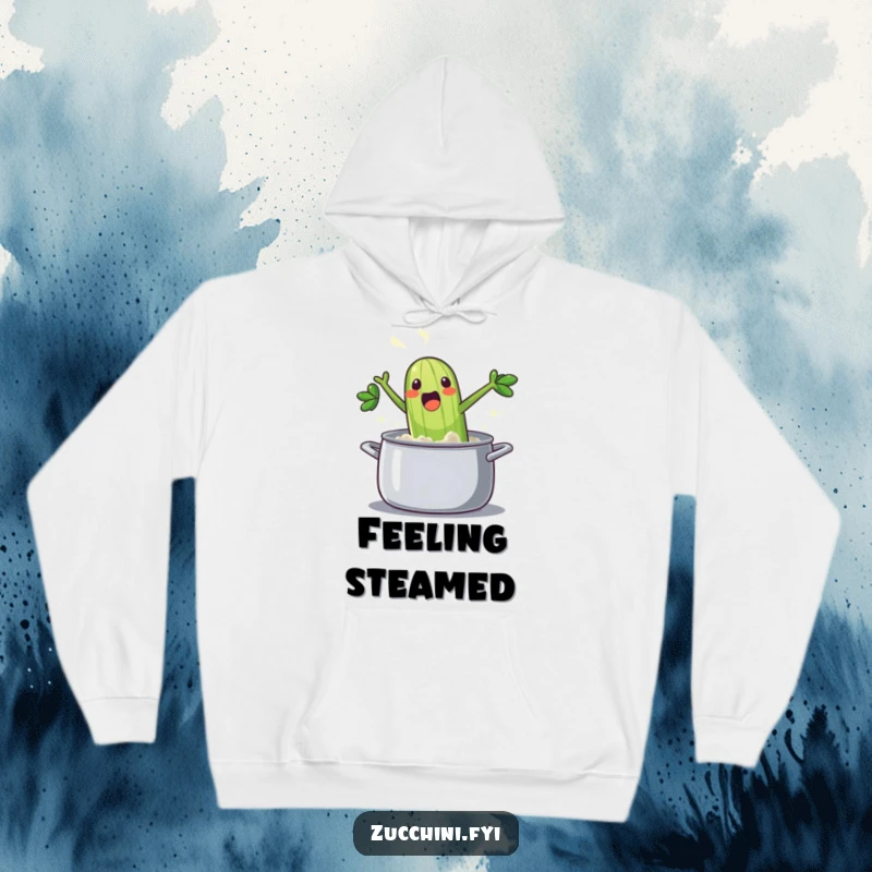 Funny zucchini hoodie art: a steaming, ecstatic vegetable leaping into a pot with a splash, offering cozy and comical vibes.