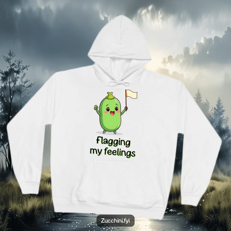 Funny hoodie showcasing a zucchini character energetically waving a small flag, perfect for staying warm while displaying cheerful support.