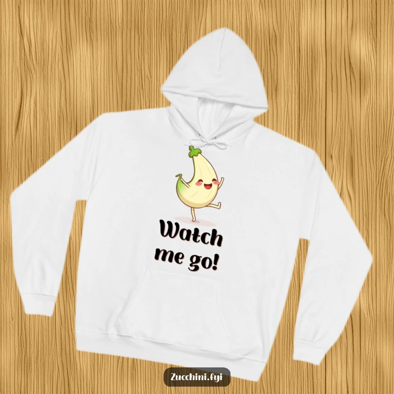 Funny hoodie illustrating a zucchini performing a cartwheel with an infectious, happy grin.