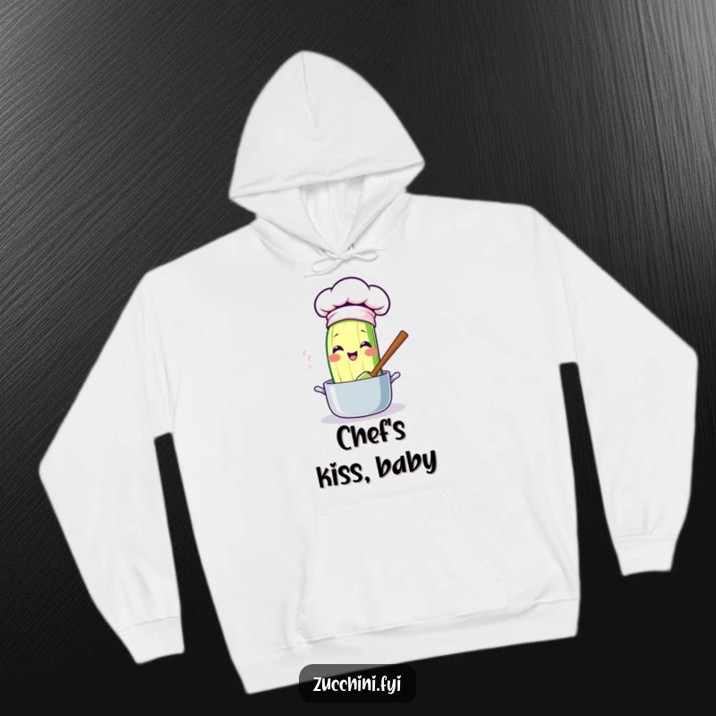 Funny kawaii zucchini hoodie, a cute chef zucchini with a hat, stirring a pot with great excitement, exuding funny culinary energy.