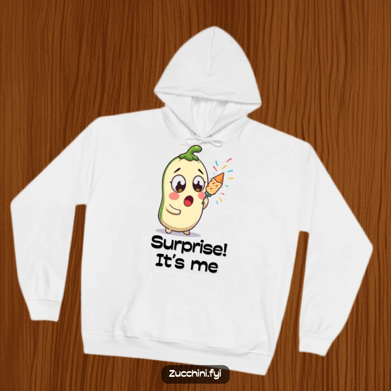 Funny surprised kawaii zucchini holding a confetti popper, a cute and cozy design for a festive hoodie.