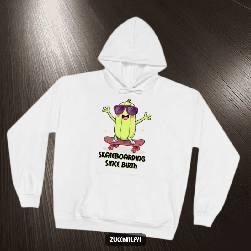 Funny kawaii zucchini hoodie, a cool zucchini in sunglasses dancing wildly on a skateboard, exuding funny and rebellious energy.