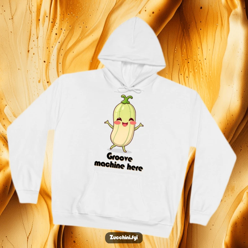 Funny hoodie illustrating a happy spiralized zucchini character lost in a silly, joyous dance, embodying playful celebration.