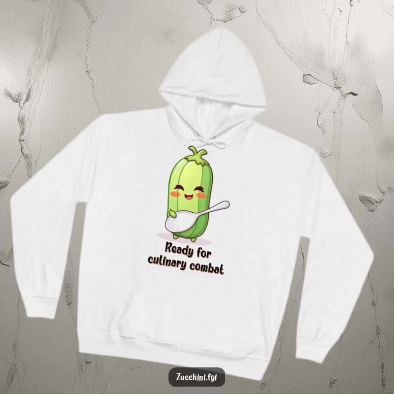 Funny hoodie featuring a winking zucchini holding a comically large spoon, perfect for cozy kitchen adventures.
