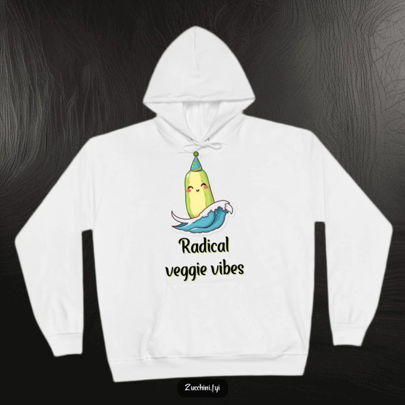 Funny Winking Zucchini Hoodie: A festive zucchini with a party hat winks while bobbing on a small wave, perfect for cozy, humorous relaxation.