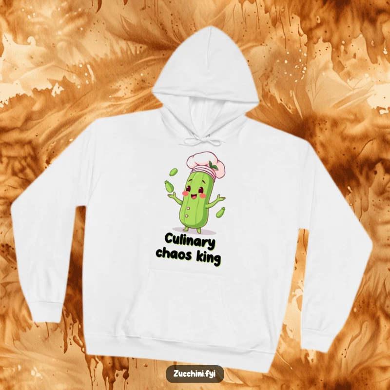 Funny hoodie with a zucchini wearing a chef hat, expertly juggling small zucchinis with a look of pure delight, perfect for cozy kitchen vibes.