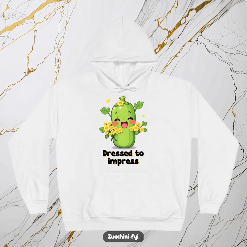 Funny hoodie depicting a zucchini character striking an amusing pose while holding a bouquet of small zucchini flowers. Cozy and comical.