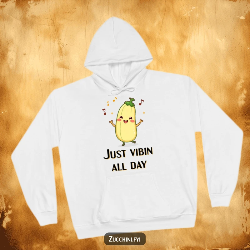 Funny hoodie showcasing a smiling zucchini character in a vibrant jig, with musical notes swirling, radiating fun and musical energy.