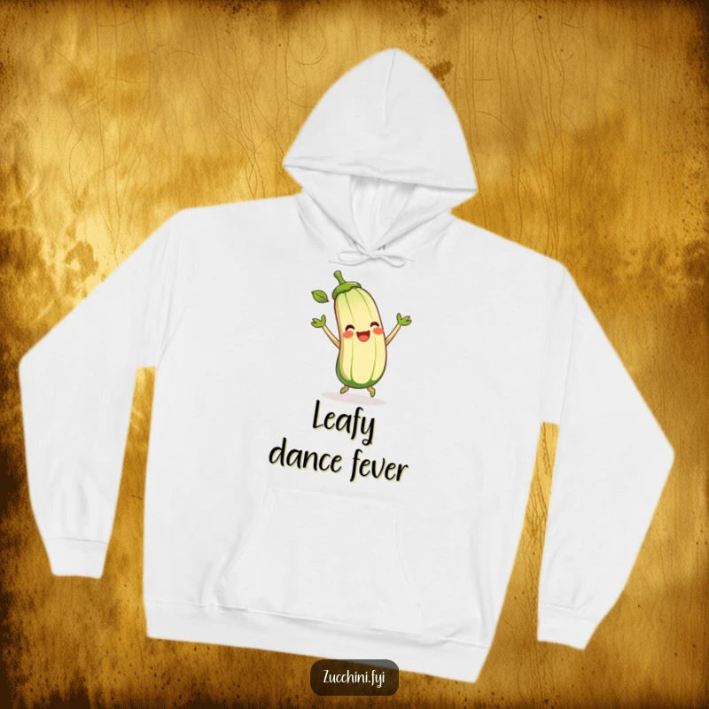 Funny Zucchini Hoodie showcasing a delighted cartoon zucchini joyfully dancing and moving its leaves, designed for ultimate comfort and humor.