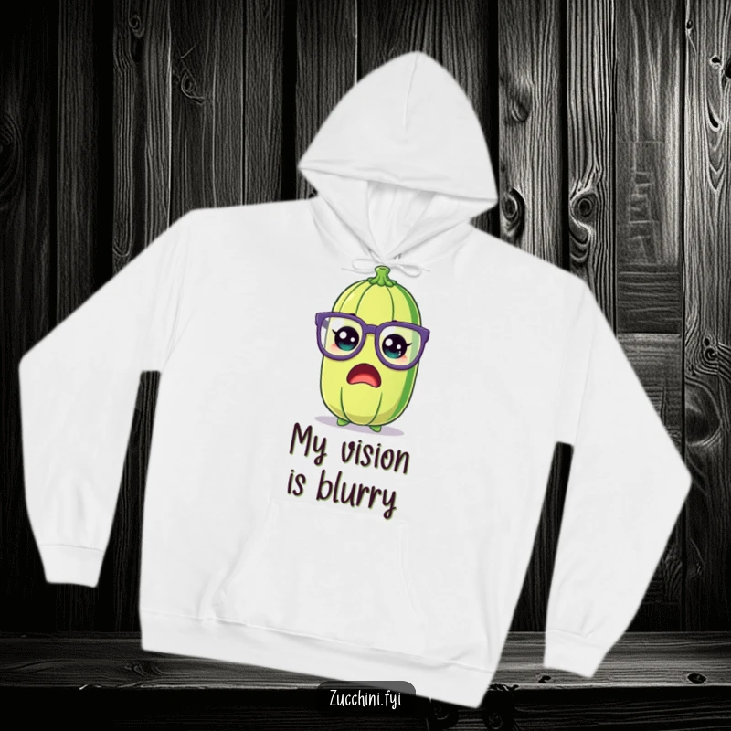 Funny Zucchini Hoodie showcasing a shocked cartoon zucchini wearing comically large, silly glasses, embodying humorous surprise and comfort.
