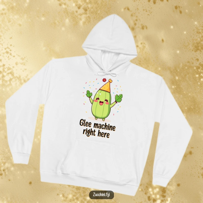 Funny Zucchini Party Hoodie showing a happy zucchini in a party hat, gleefully showering confetti like a party pro.