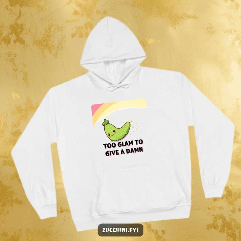 Funny hoodie featuring a delighted zucchini character on a rainbow slide, showering sparkles, embodying pure fun and ecstatic movement.