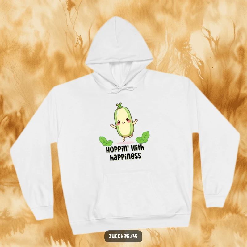 Funny kawaii zucchini performing a happy hop on one foot, a cute and cozy design for a hoodie.
