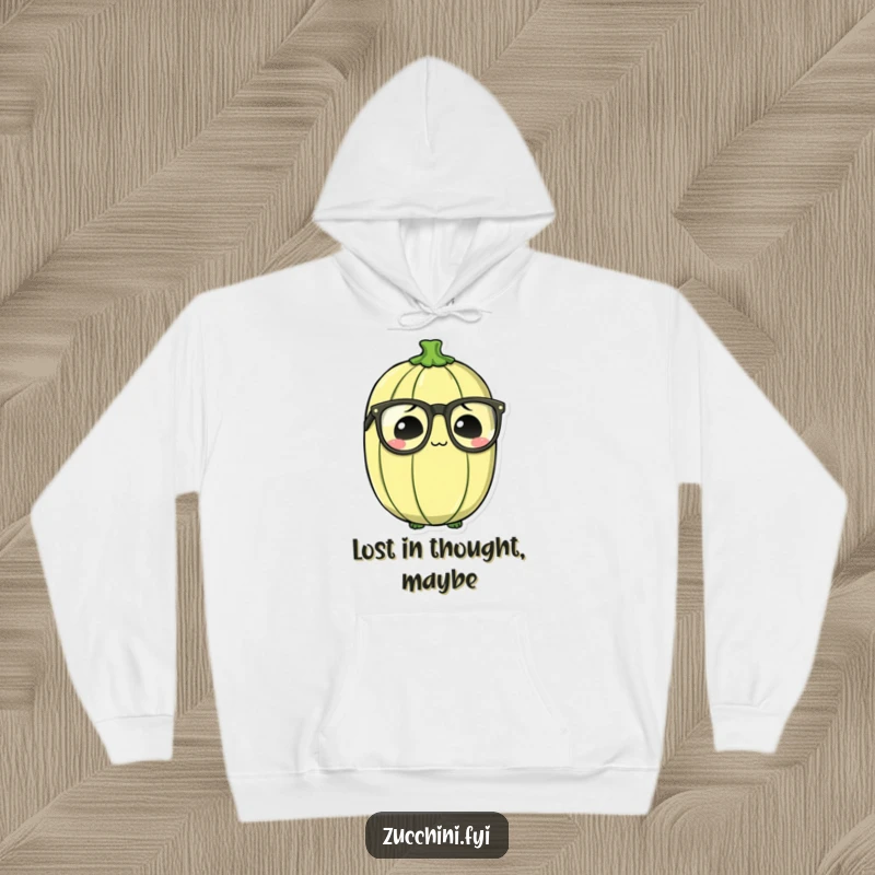 Funny Bewildered Zucchini Hoodie with a zucchini sporting oversized spectacles, looking thoughtfully confused and snuggly.