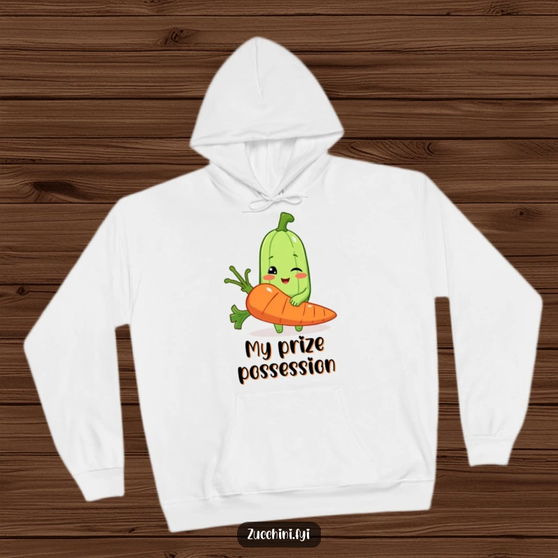 Funny hoodie featuring a winking zucchini with a huge carrot, offering humorous warmth and veggie-themed fun.