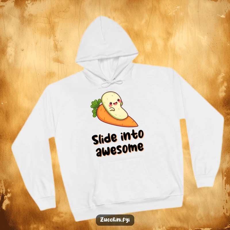 Funny zucchini hoodie, a playful veggie character sliding down a carrot, cozy and humorous for chilly days.