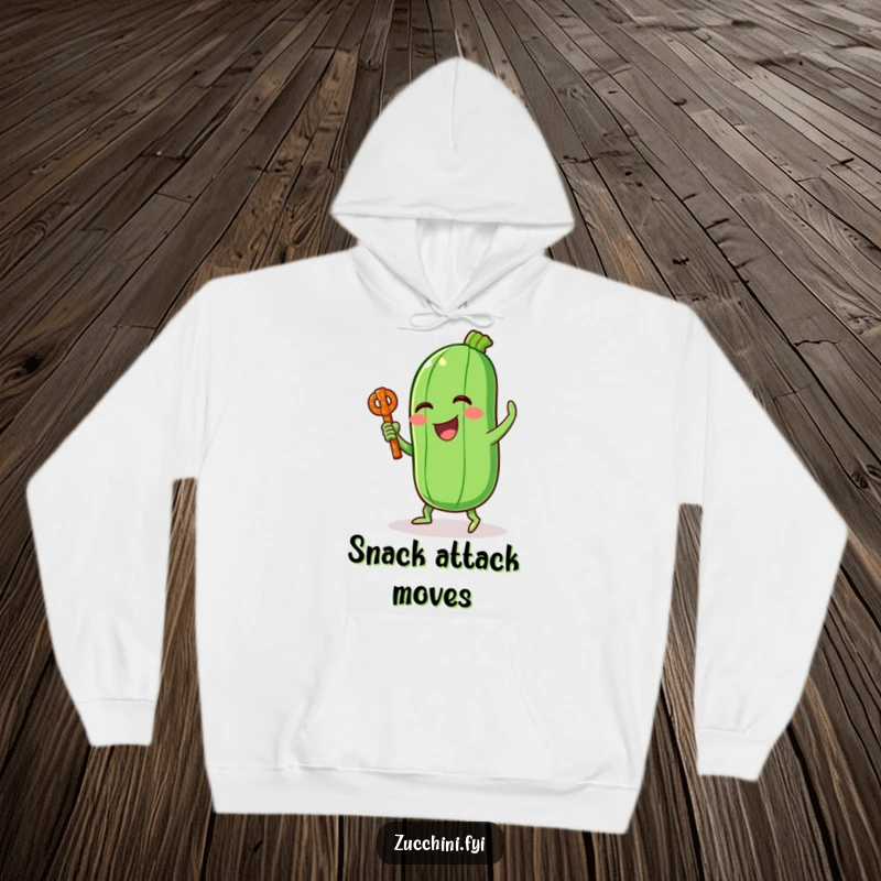 Funny hoodie showcasing a cheerful zucchini character dancing playfully with a pretzel stick, offering warmth and humor.