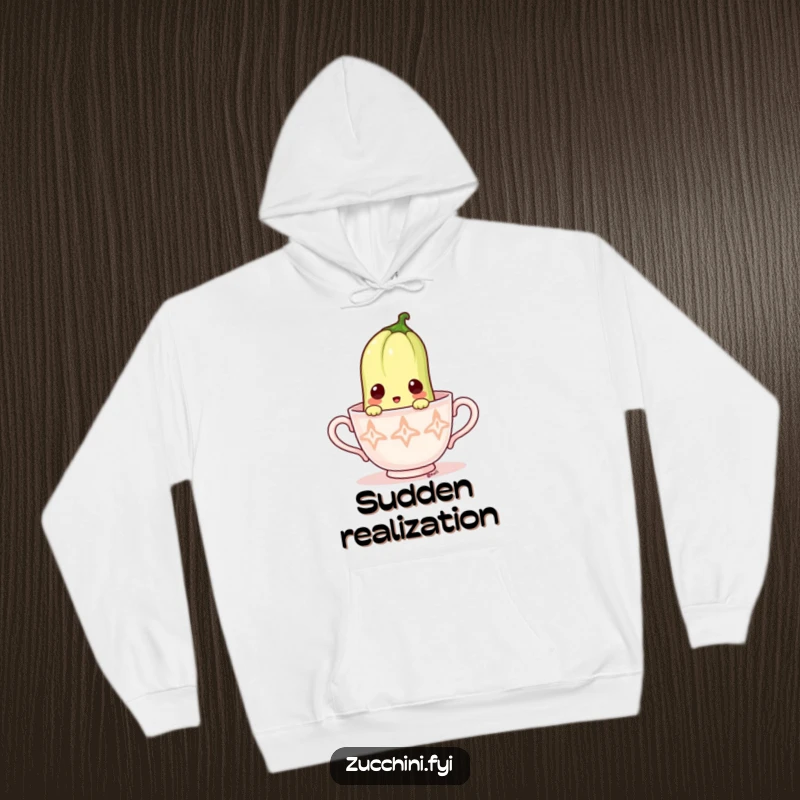 Funny Zucchini Hoodie: Comfortable apparel featuring a surprised zucchini peeking from a teacup, perfect for cozying up.