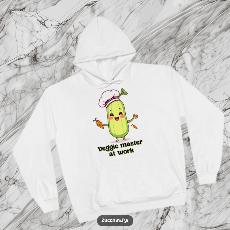 Funny zucchini chef in a hat juggling carrots, depicted on a soft hoodie, a delightful and warm piece of apparel.
