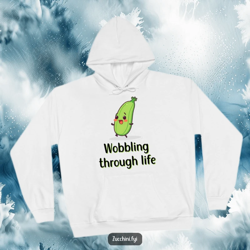 Funny hoodie featuring a wobbly zucchini tripping and smiling, offering cozy comfort and clumsy, humorous vibes.