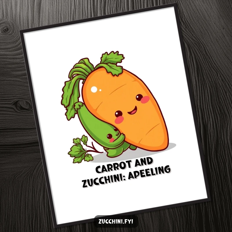 Funny Free Printable Wall Art: Sneaky zucchini peeking from behind a giant, smiling carrot. A humorous and whimsical garden scene.