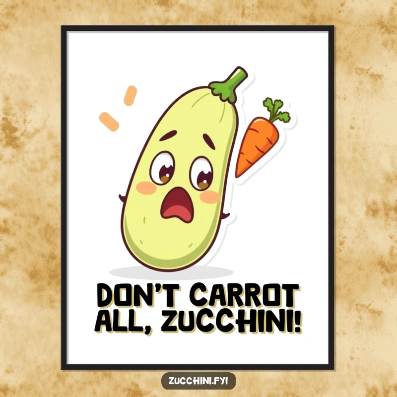 Funny Free Printable Wall Art: A comical zucchini reacts with shock to a carrot soaring through the air, hilarious decor.