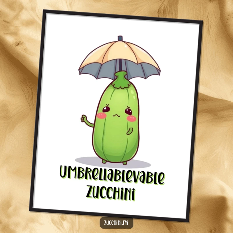 Funny Free Printable Wall Art: A Confused Zucchini Balancing a Tiny Umbrella on its Head, Whimsical and Humorous Decor