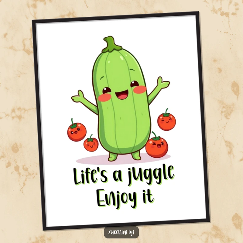 Funny Free Printable Wall Art: A smiling kawaii zucchini joyfully juggles three tiny happy tomatoes, creating lively downloadable art.