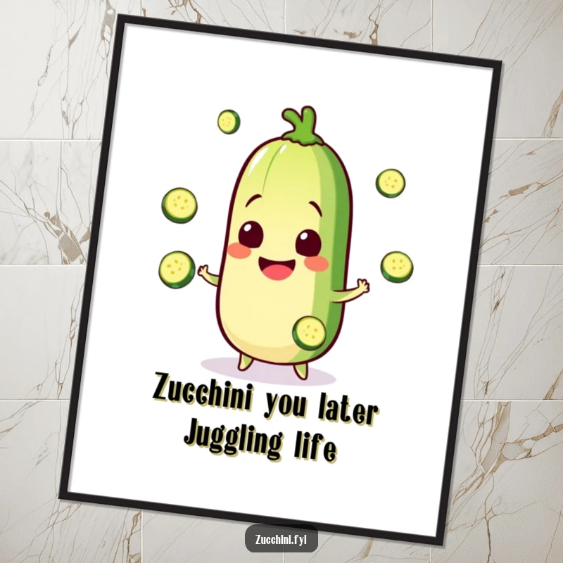 Funny Free Printable Kawaii Zucchini Wall Art: Happy zucchini juggling slices, a colorful and downloadable decor piece.