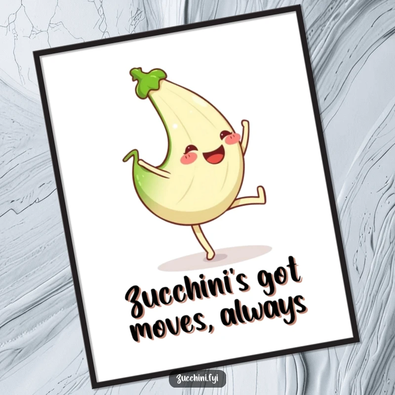 Funny Free Printable Wall Art: A grinning zucchini performs a spectacular cartwheel, bringing dynamic humor to your space.