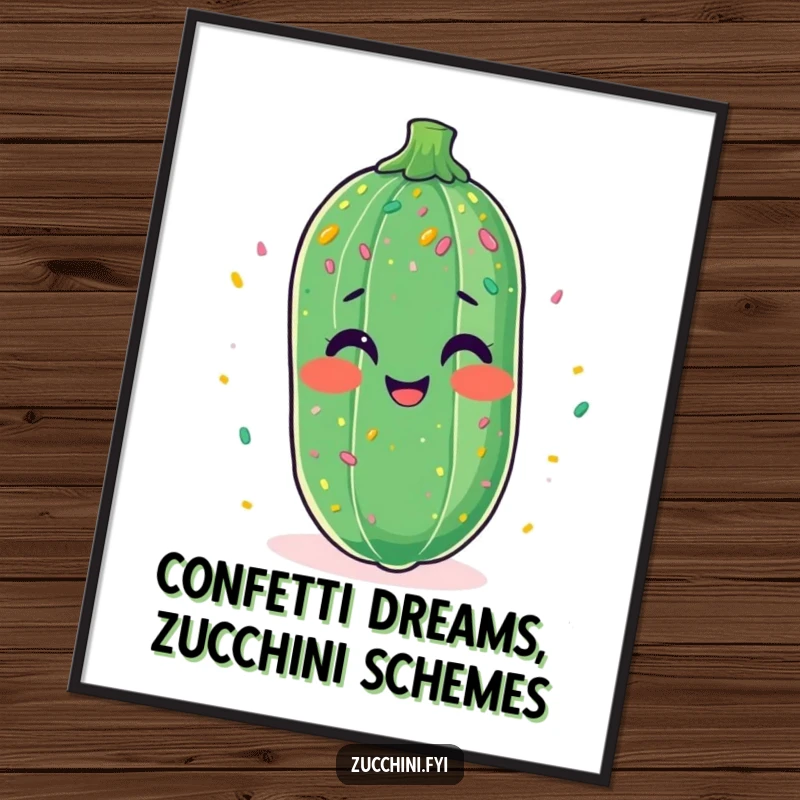 Funny Free Printable Wall Art: A zucchini beams with laughter, coated in a festive shower of tiny confetti, whimsical art.