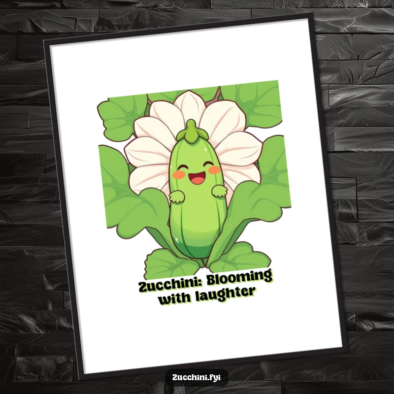 Funny Free Printable Wall Art of a laughing zucchini character peeking out from behind a giant zucchini blossom