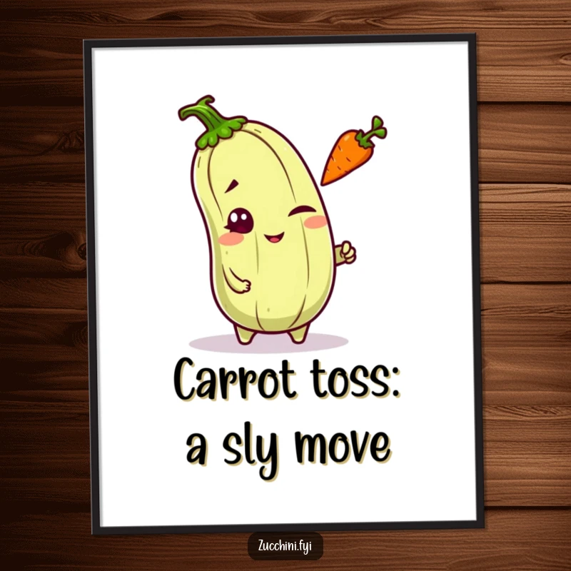 Funny Free Printable Wall Art: A mischievous kawaii zucchini winking charmingly while tossing a small carrot, adding playful art.
