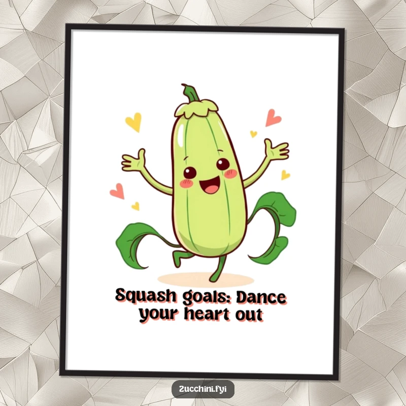Funny Free Printable Wall Art of a zucchini character joyfully dancing with an oversized zucchini silhouette, vibrant energy