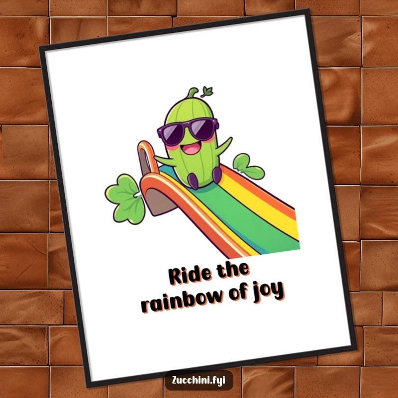 Funny free printable wall art: A giggling zucchini wearing cool sunglasses zooms down a vibrant rainbow slide, filled with joy.