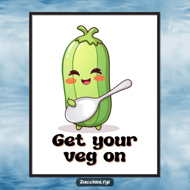 Funny Free Printable Zucchini Wall Art featuring a winking zucchini with a comically large spoon, adding a quirky vibe.