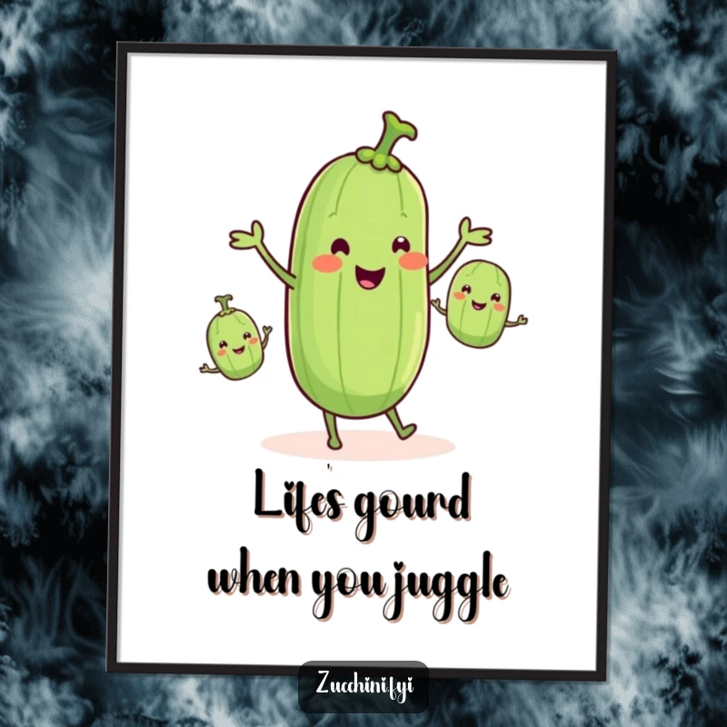 Funny Free Printable Wall Art of a smiling zucchini with tiny legs happily juggling three smaller zucchinis, adding playful charm.