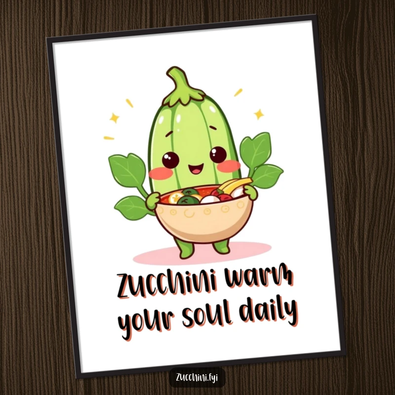 Funny Free Printable Cheerful Zucchini Wall Art, happily holding a steaming bowl, a warm and humorous decorative piece.